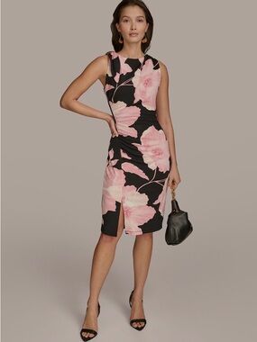Donna Karan New York Floral Ruched Sheath Dress w Gold Shoulder Knot Hardware